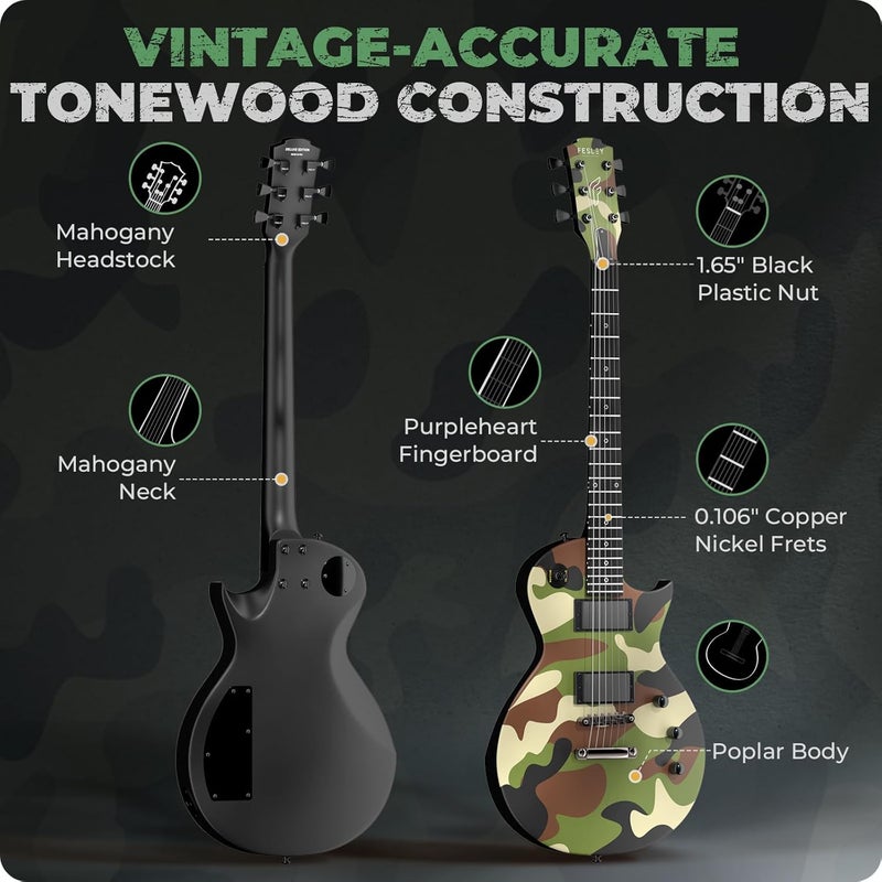 Fesley 39" LP Electric Guitar Kit: Full Size Solid Body Electric Guitars for Beginners with Humbucker Pickups,Poplar Body,Mahogany Neck,22 Frets,6 String Guitar with Gig Bag, FLP400,Matte,Camouflage - Image 2